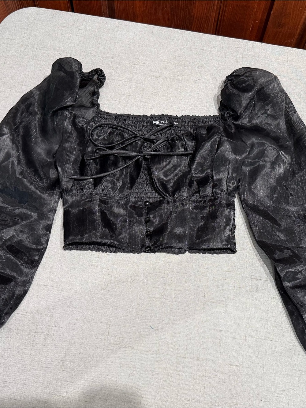 Nasty Gal Puff Sleeve Crop Top Tie Front Sheer Black Whimsigoth (5-7)